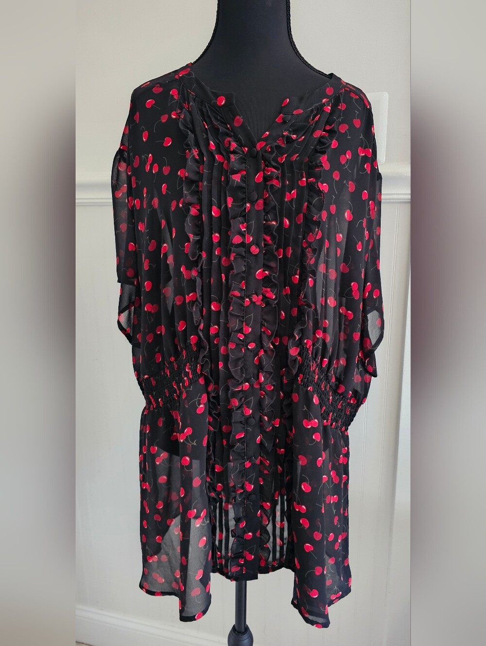 Torrid 4X Black Chiffon Tunic with Red Cherry Dot Print and Ruffles